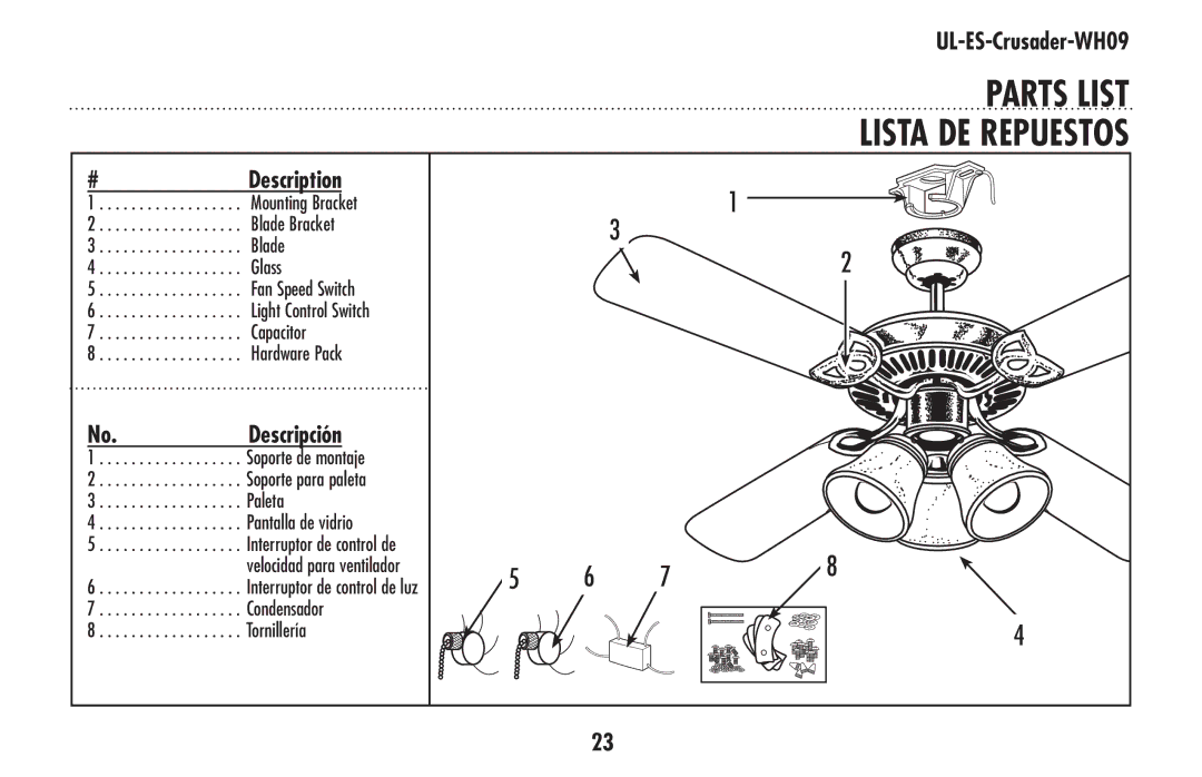 Westinghouse UL-ES-Crusader-WH09 owner manual PARTS LIST Lista DE Repuestos, Hardware Pack 